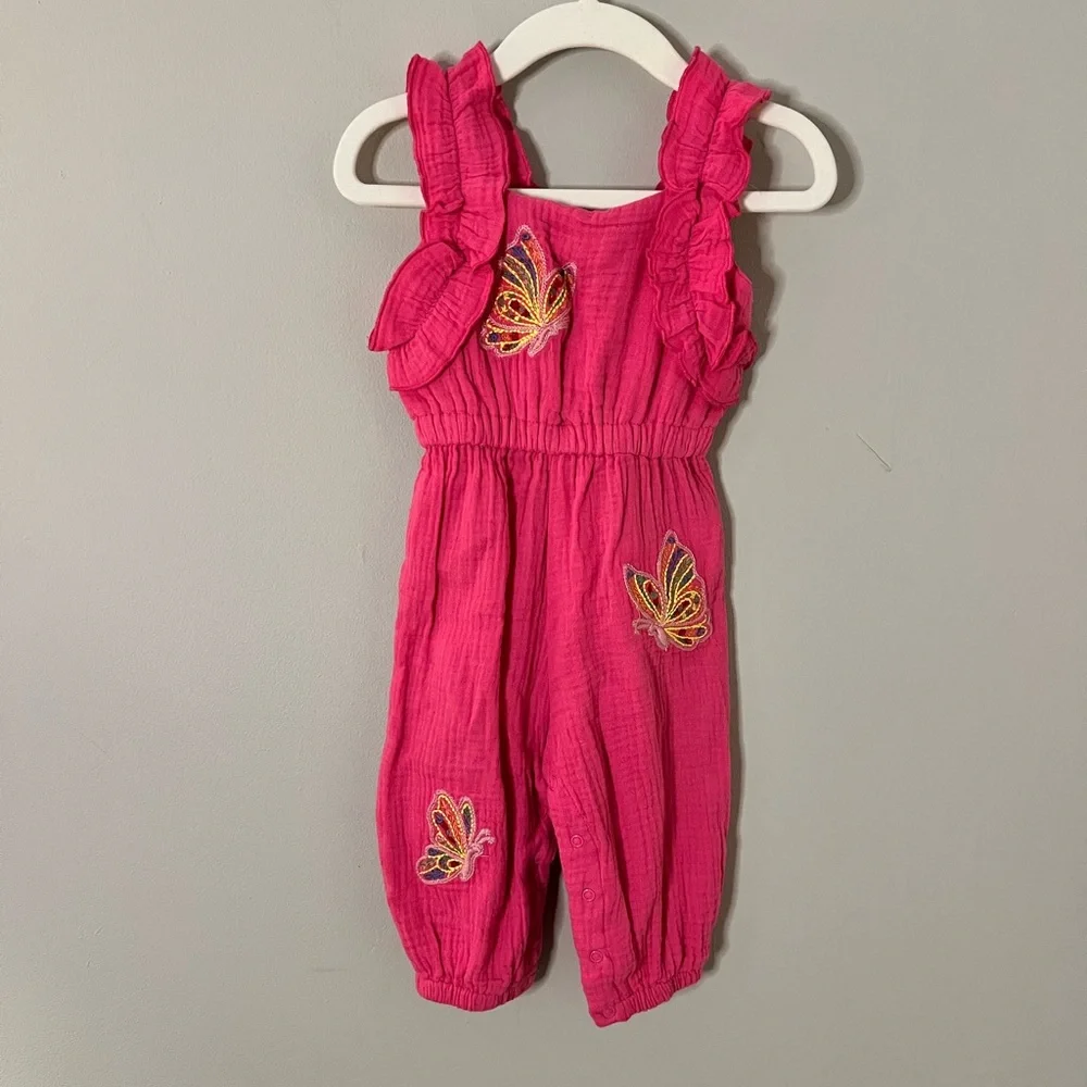 Pink Ruffled Kids Jumpsuit with Butterfly Accents size 12 month NWOT